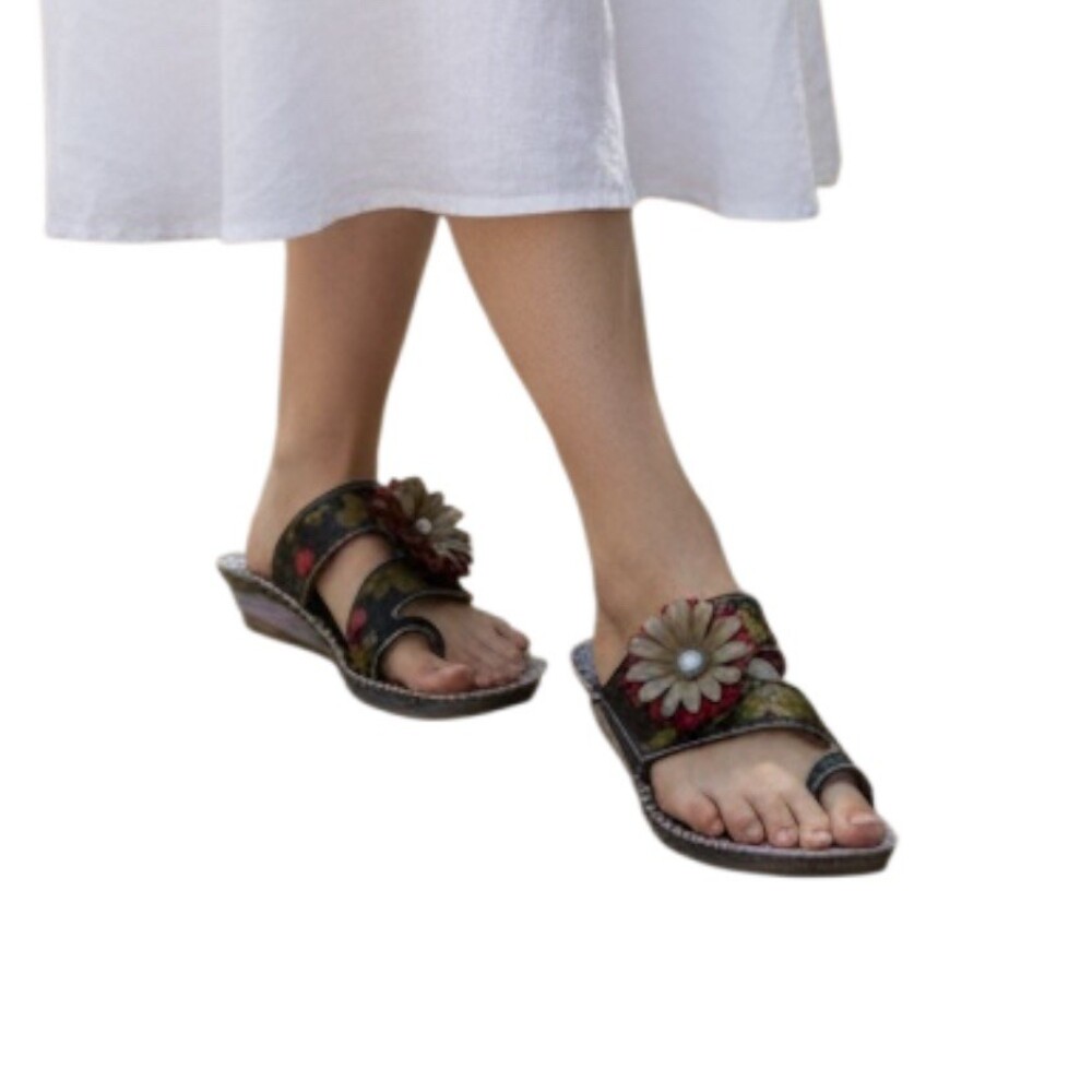 L'Artiste by Spring Step Wedge Slide Sandals Womens Dark Navy Floral EU 38